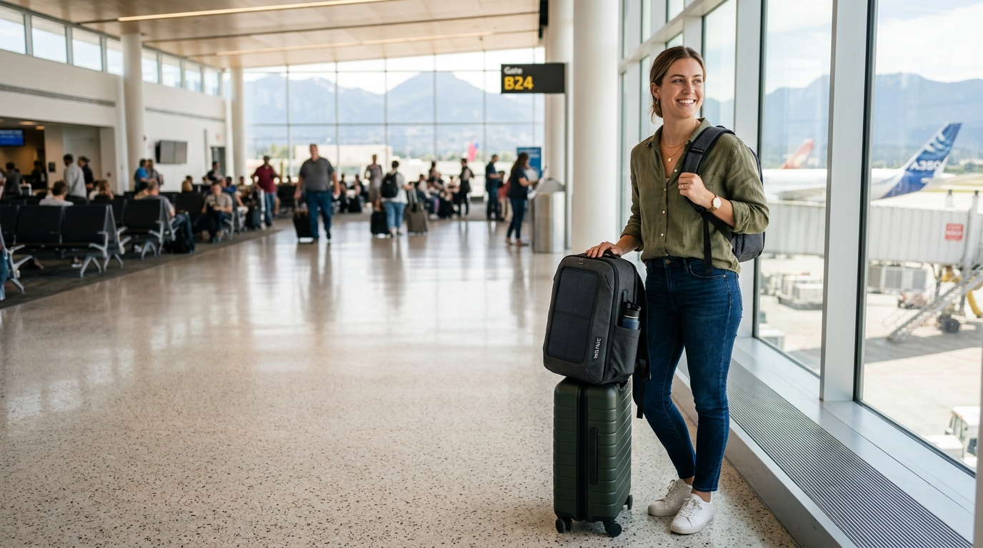 Traveler with solar-powered backpack at airport terminal