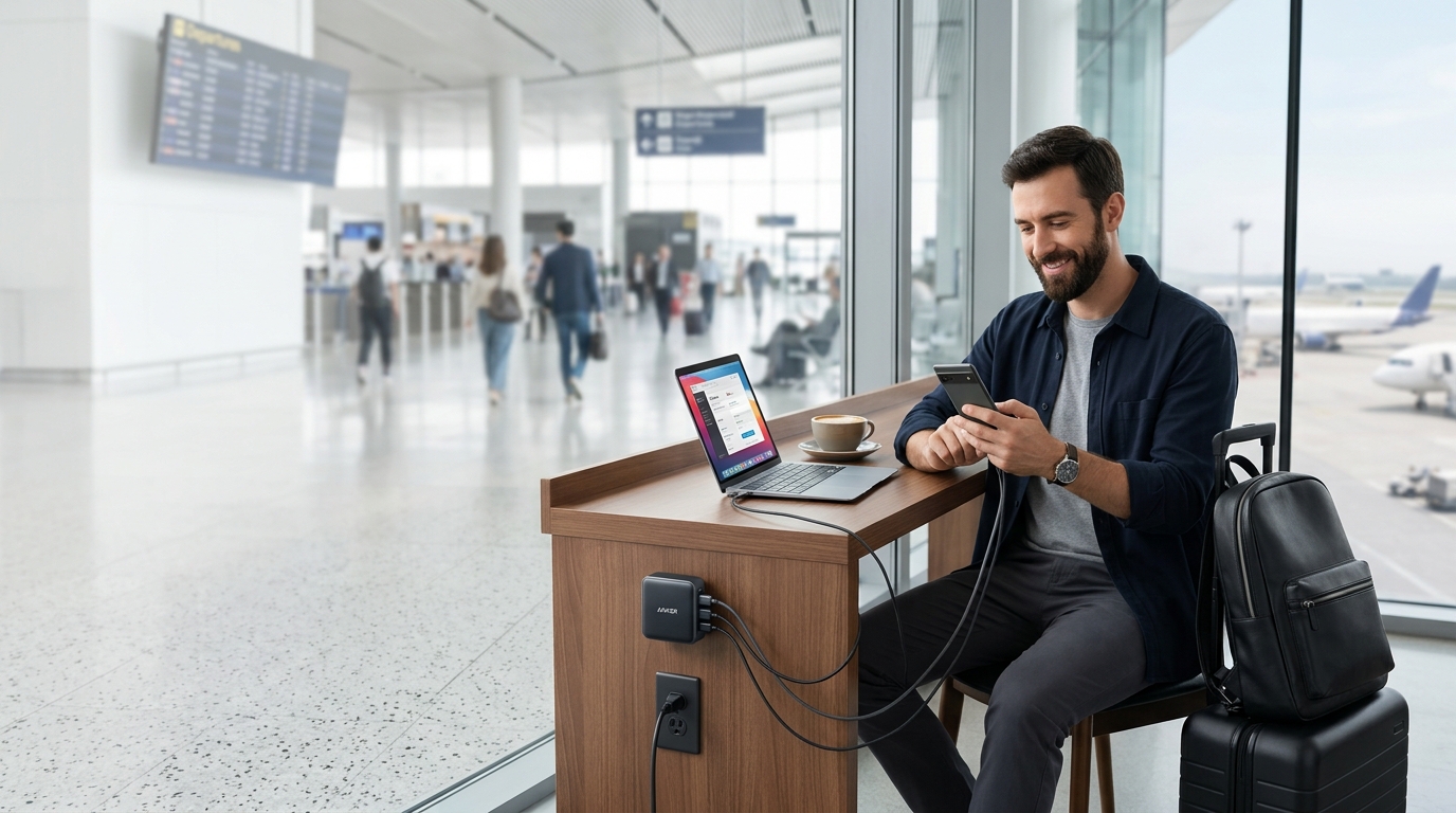 Traveler charging devices with USB-C station at airport cafe