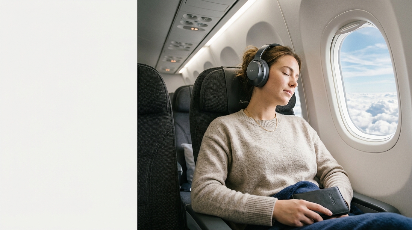 Traveler relaxing with noise-cancelling headphones on airplane